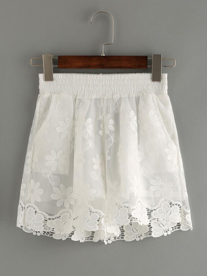 Romwe Crochet Trimmed Embroidered Mesh Shorts - White