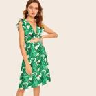 Romwe Tropical Print Button And Tie Front Peekaboo Dress