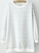 Romwe Round Neck Striped White Sweatshirt