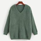 Romwe Plus Fuzzy V-neck Jumper
