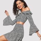 Romwe Foldover Front Off Shoulder Botanical Top And Skirt Set