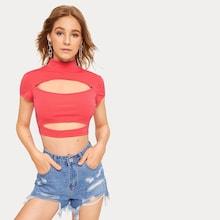 Romwe Solid Peekaboo Stand Collar Crop Tee