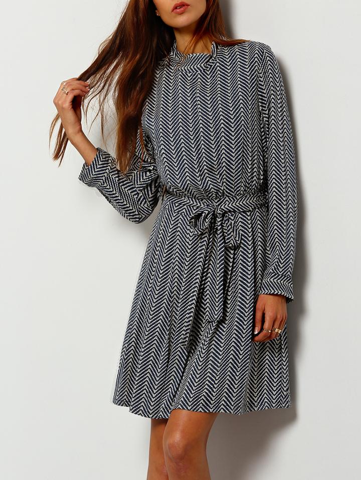 Romwe Blue Wave Pattern Stand Collar Belted Dress