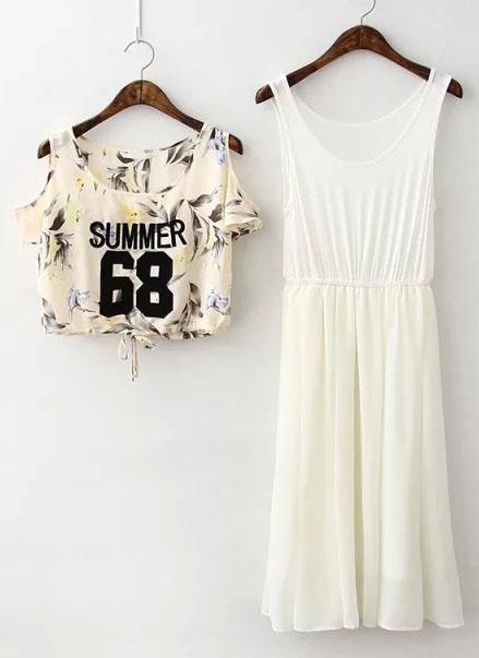 Romwe Leaves Print Embroidered Pleated Yellow Dress