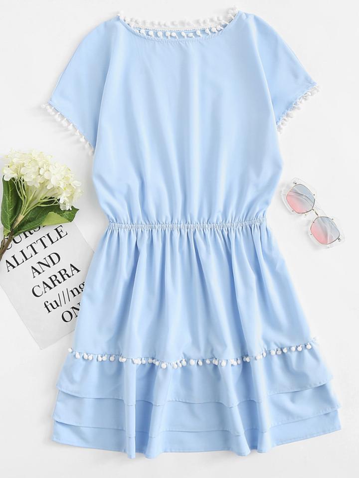 Romwe Pom Pom Trim Tiered Hem Dress