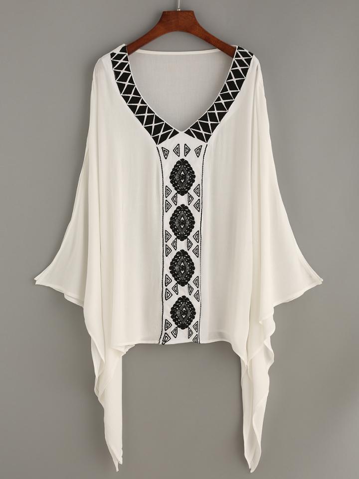 Romwe Embroidered V Neck Asymmetric Blouse