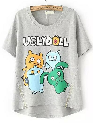 Romwe Dip Hem With Zipper Monster Print Grey T-shirt