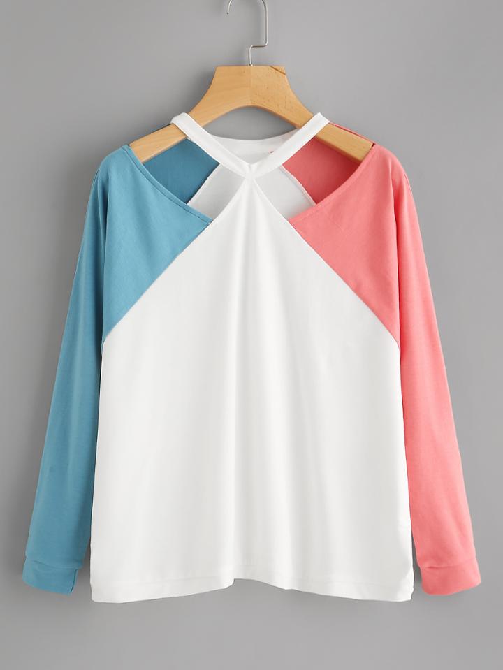 Romwe Contrast Raglan Sleeve Cut Out Neck Sweatshirt