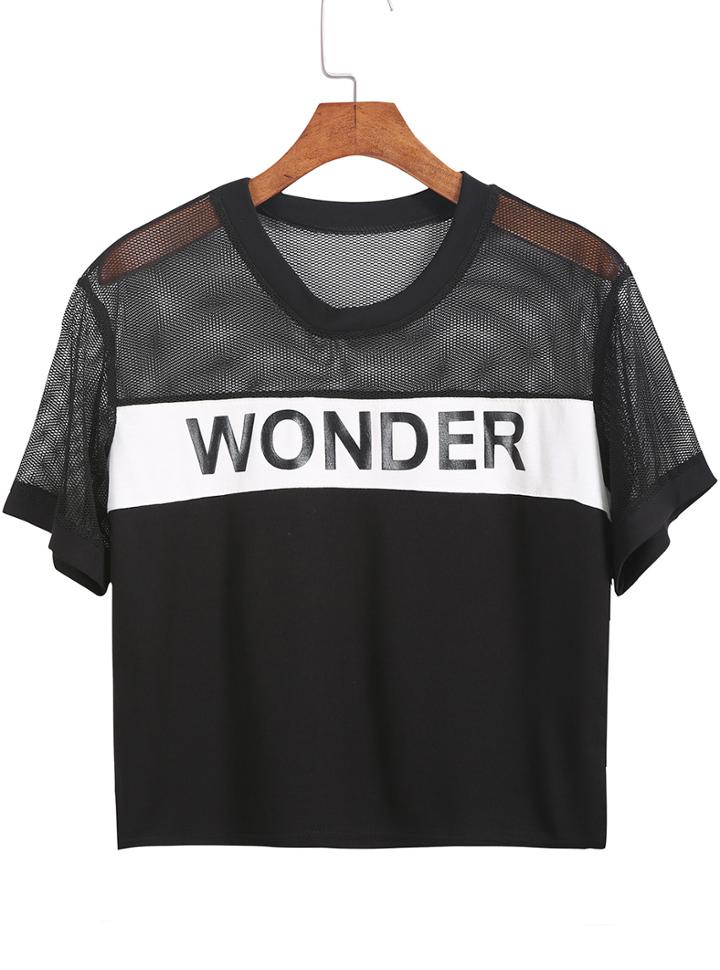 Romwe Black Short Sleeve Sheer Mesh Wonder Print T-shirt