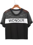 Romwe Black Short Sleeve Sheer Mesh Wonder Print T-shirt