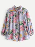 Romwe Frill Detail Lace Up Plunge Floral Blouse