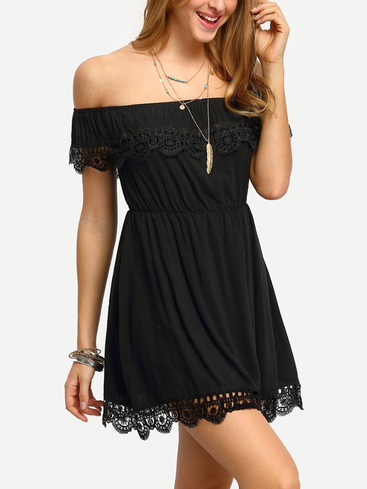 Romwe Off-the-shoulder Lace Trimmed Skater Dress