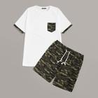 Romwe Guys Pocket Patched Tee And Camo Shorts Set