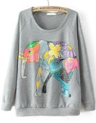 Romwe Elephant Print Loose Grey Sweatshirt