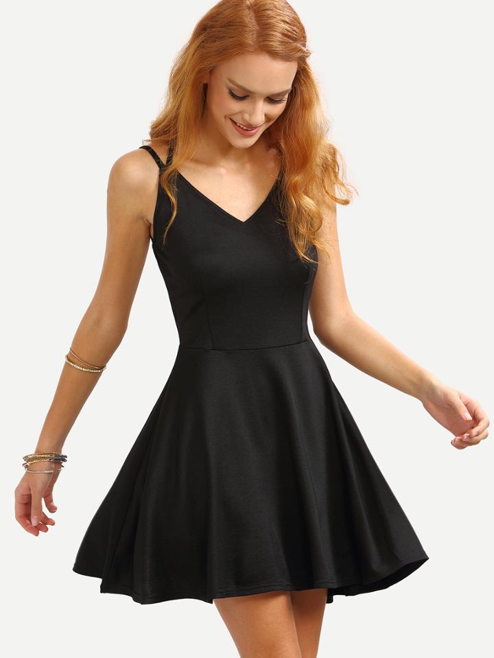 Romwe V-neck Caged Skater Dress - Black