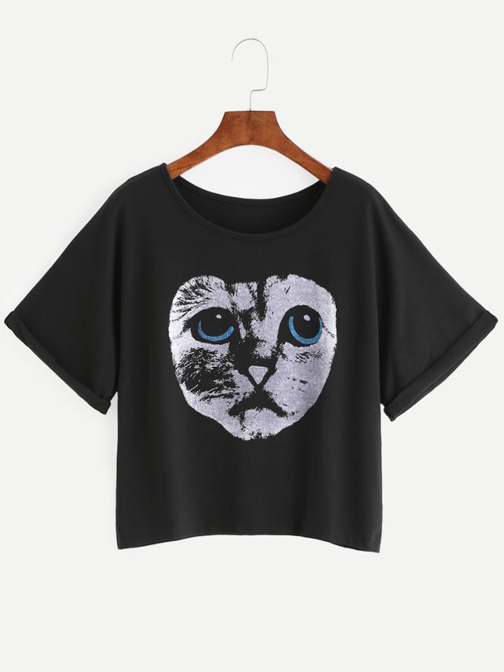 Romwe Black Cat Face Print Cuffed T-shirt