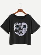 Romwe Black Cat Face Print Cuffed T-shirt