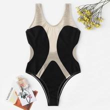 Romwe Contrast Mesh Low Back One Piece Swimwear