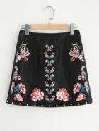 Romwe Studded Hem Embroidered Faux Leather Skirt