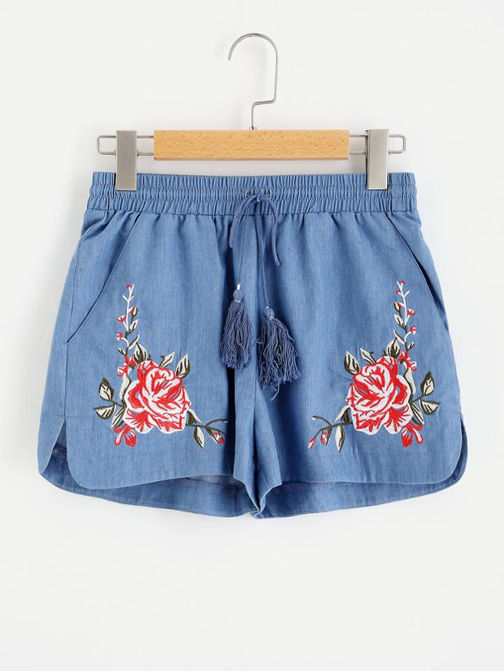 Romwe Tasseled Tie Flower Embroidered Dolphin Shorts