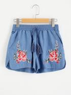 Romwe Tasseled Tie Flower Embroidered Dolphin Shorts