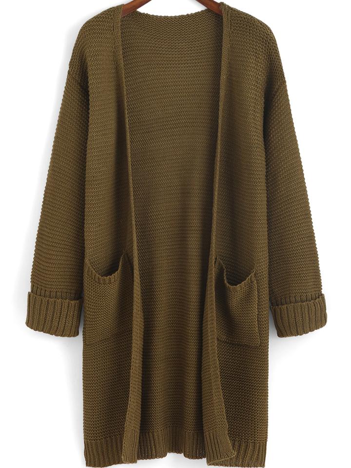 Romwe Flange Pockets Knit Army Green Cardigan