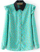 Romwe Fish Print Ruffle Green Blouse