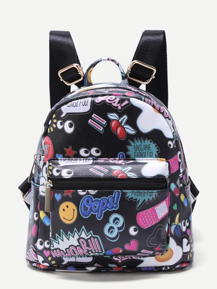 Romwe Black Cartoon Print Pocket Front Pu Backpack