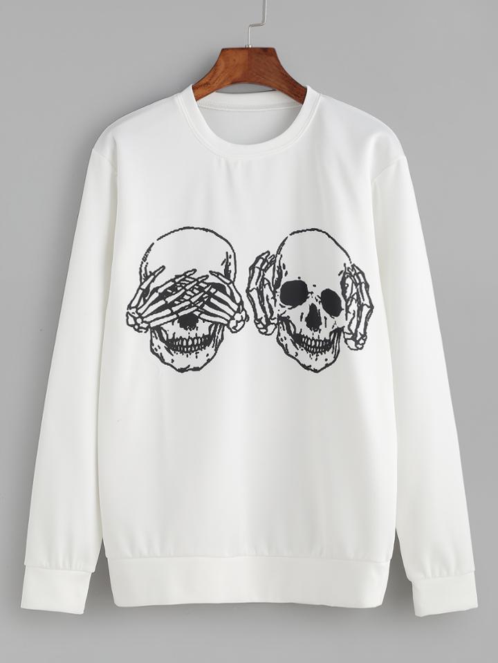 Romwe White Skull Print Sweatshirt
