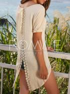 Romwe Apricot Roll-cuff Crochet Split Back T-shirt