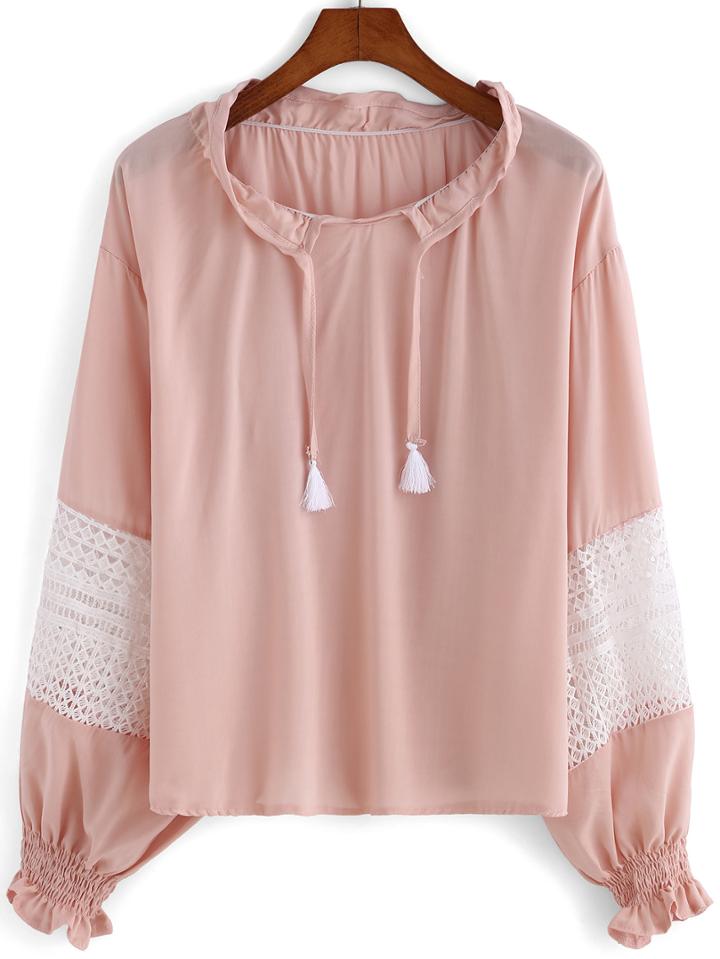 Romwe Lace Paneled Hollow Pink Blouse