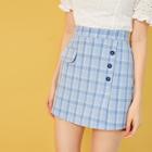 Romwe Button Front Plaid Mini Pencil Skirt