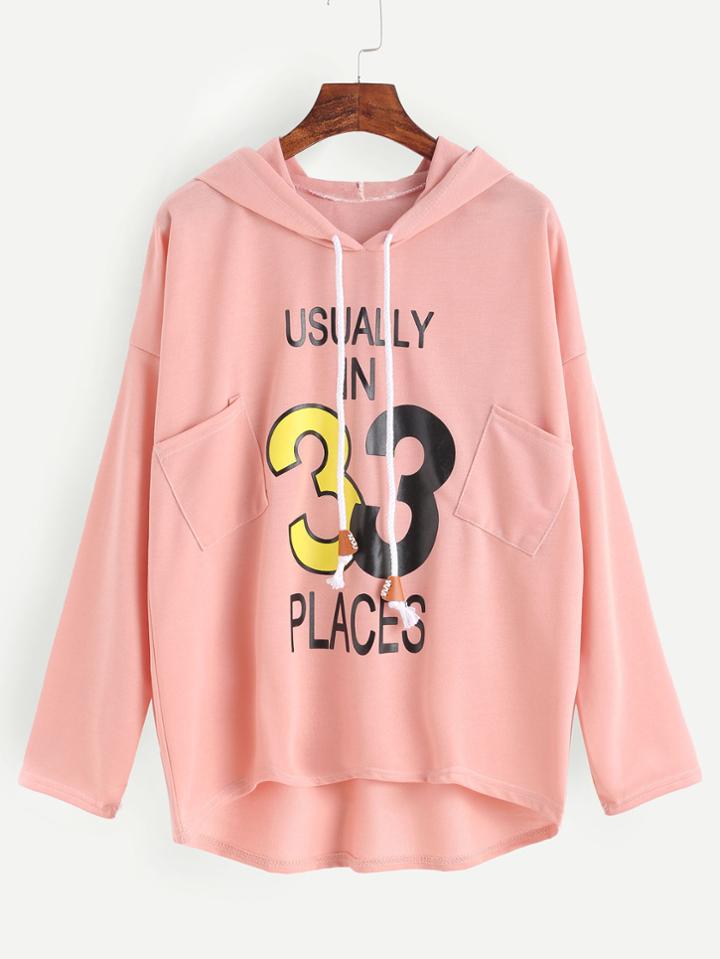 Romwe Pink Printed High Low Drawstring Hooded Pockets Sweatshirt