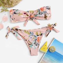 Romwe Random Knot Back Bandeau Top With Tie Side Bikini Set