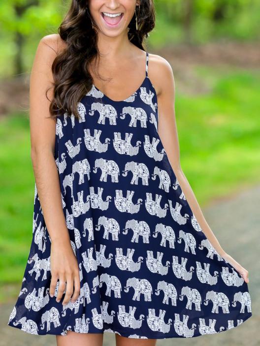 Romwe Navy Elephant Print Swing Cami Dress