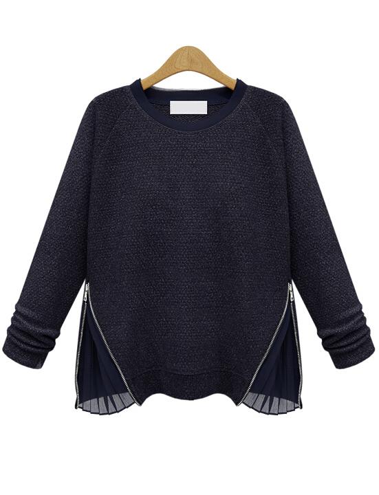 Romwe Zipper Flouncing Knit Navy Sweater