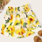 Romwe Sunflower Print Shirred Waist Shorts