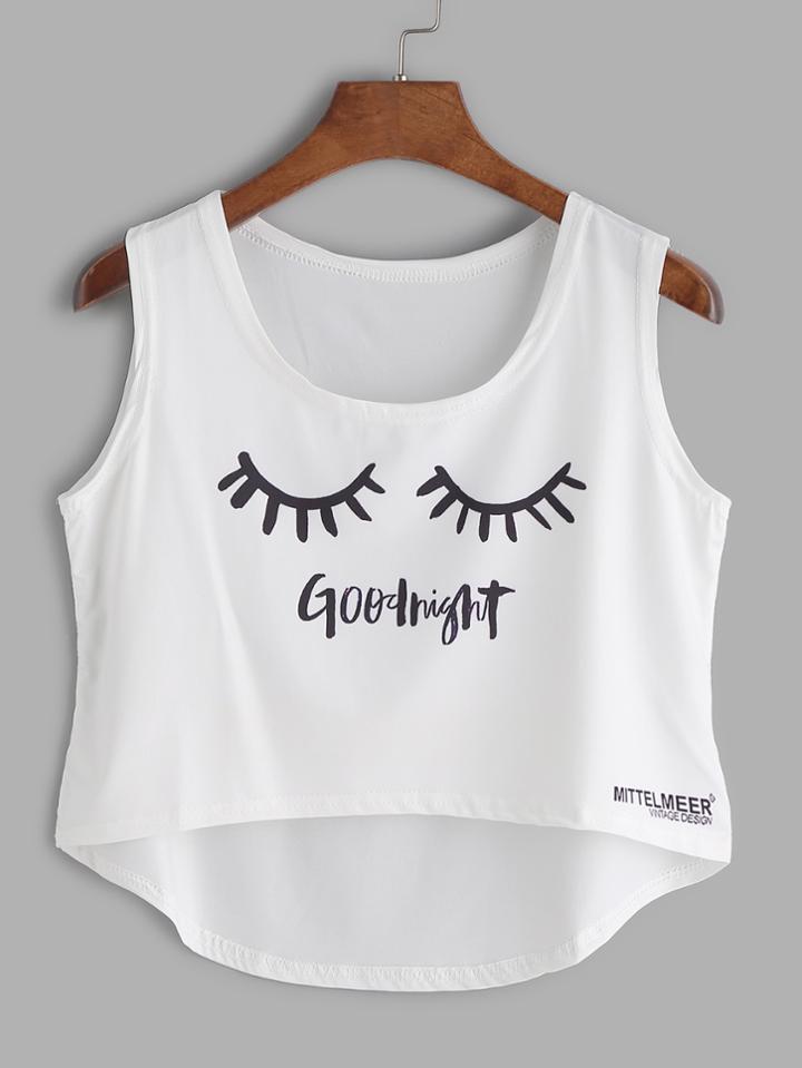 Romwe White Letter Print Dip Hem Tank Top