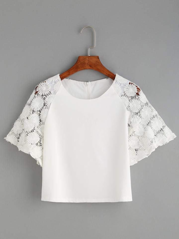 Romwe White Crochet Sleeve Crop Top