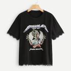 Romwe Plus Contrast Lace Letter And Cartoon Print Tee
