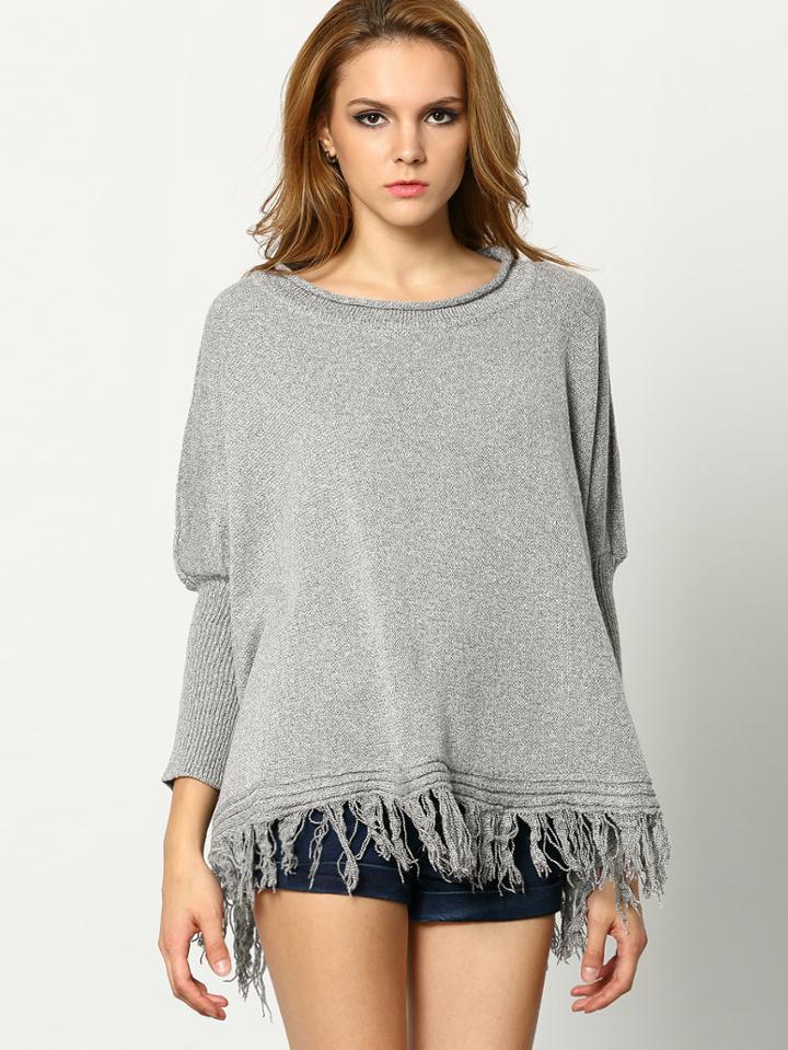 Romwe Round Neck Fringe Loose Sweater