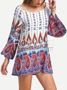 Romwe Multicolor Vintage Print Bell Sleeve Shift Dress