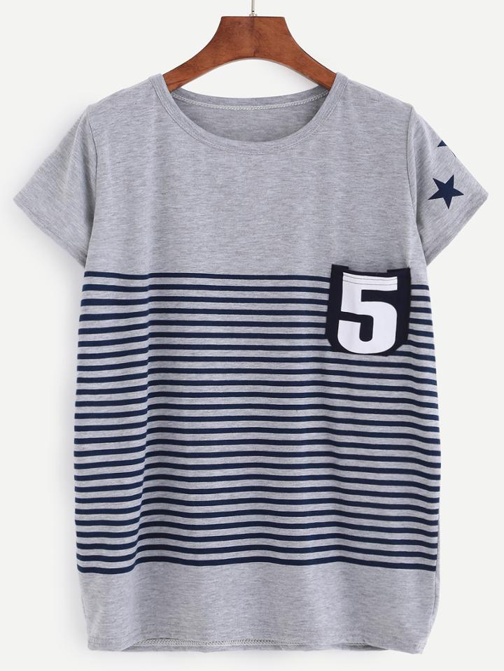 Romwe Grey Striped Print Pocket T-shirt