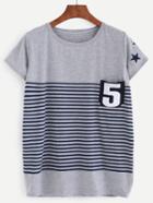 Romwe Grey Striped Print Pocket T-shirt