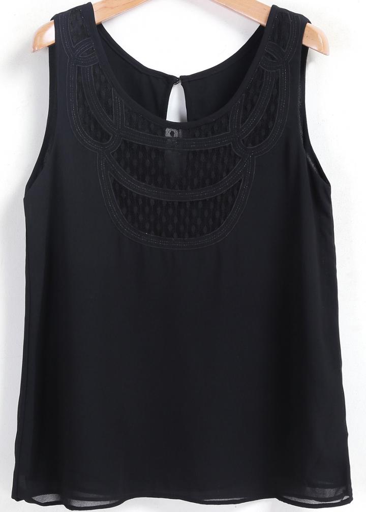 Romwe Black Scoop Neck Hollow Chiffon Tank Top