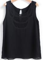 Romwe Black Scoop Neck Hollow Chiffon Tank Top