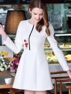 Romwe White Round Neck Long Sleeve Embroidered Dress