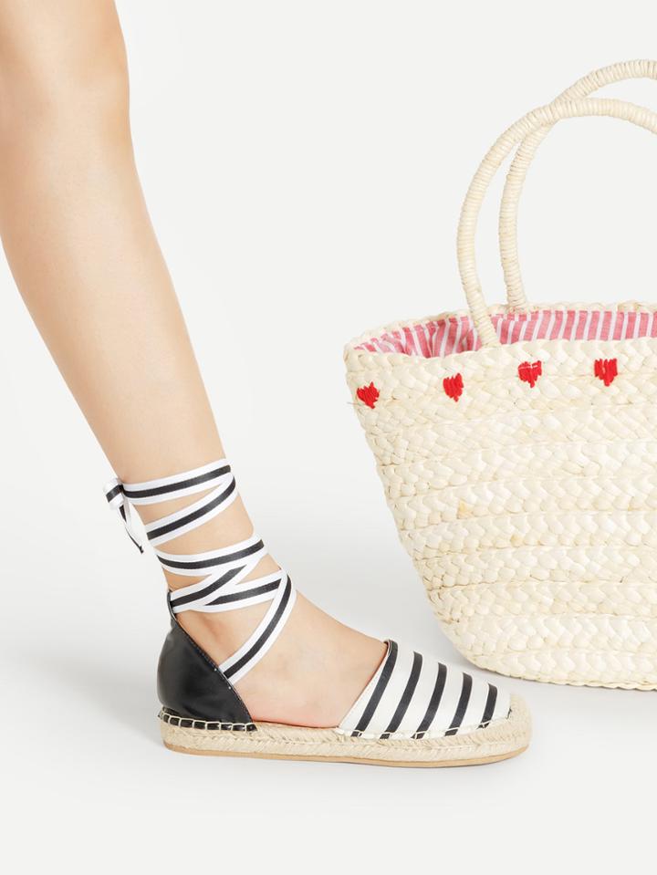 Romwe Stripe Cap Toe Lace Up Flats