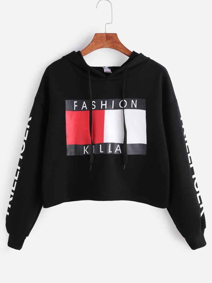 Romwe Black Letter Print Drop Shoulder Hooded Crop Sweatshirt