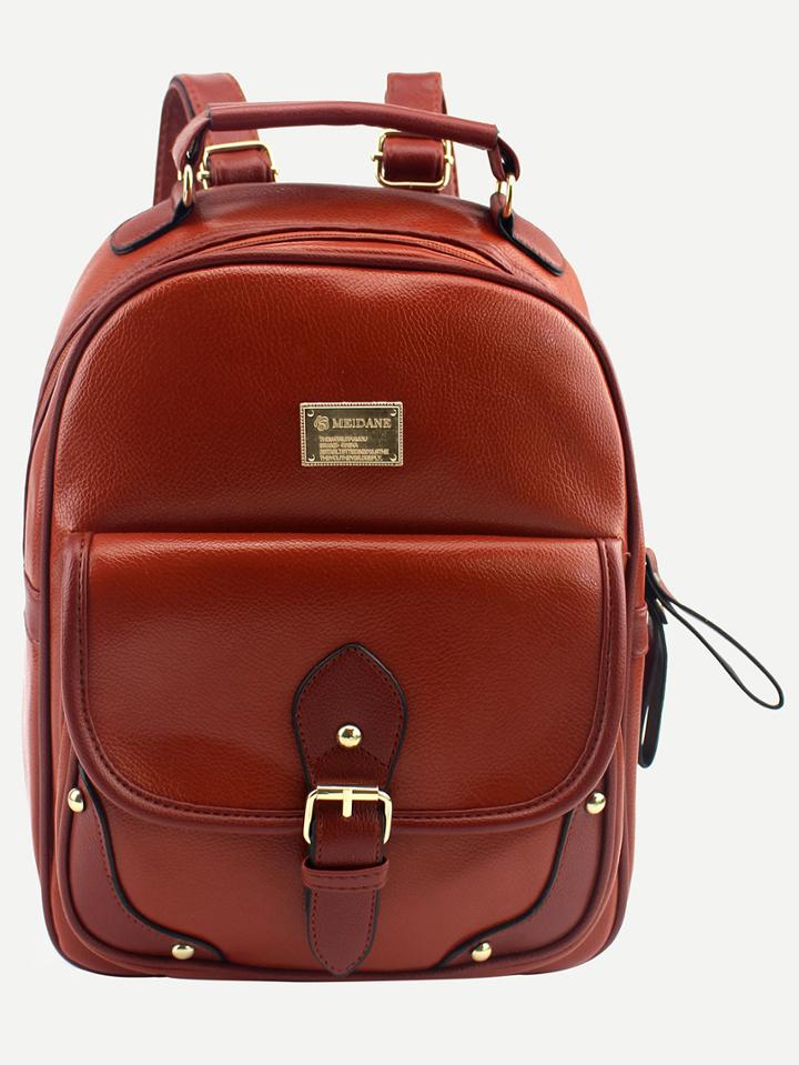 Romwe Brown Contrast Trim Buckled Strap Backpack